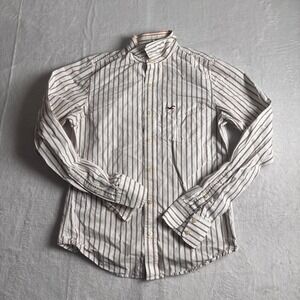 Hollister Button Up Shirt Mens Medium White Striped Long Sleeve Regular Fit *